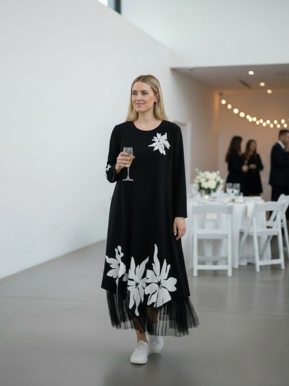 Black Midi Dress with White Floral Accents